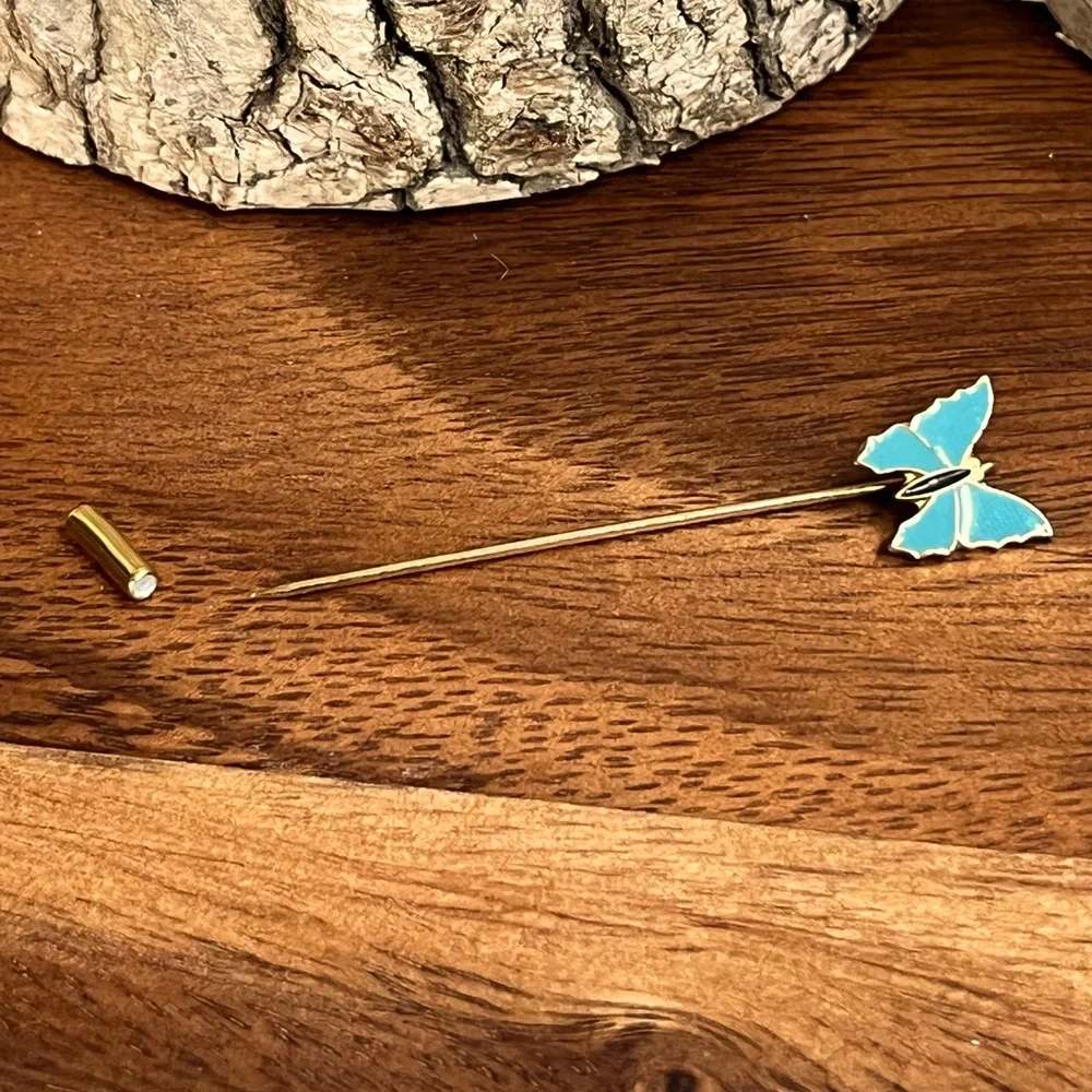 Vintage Blue Enamel Butterfly Stick Pin Gold Tone Lapel Scarf Pin